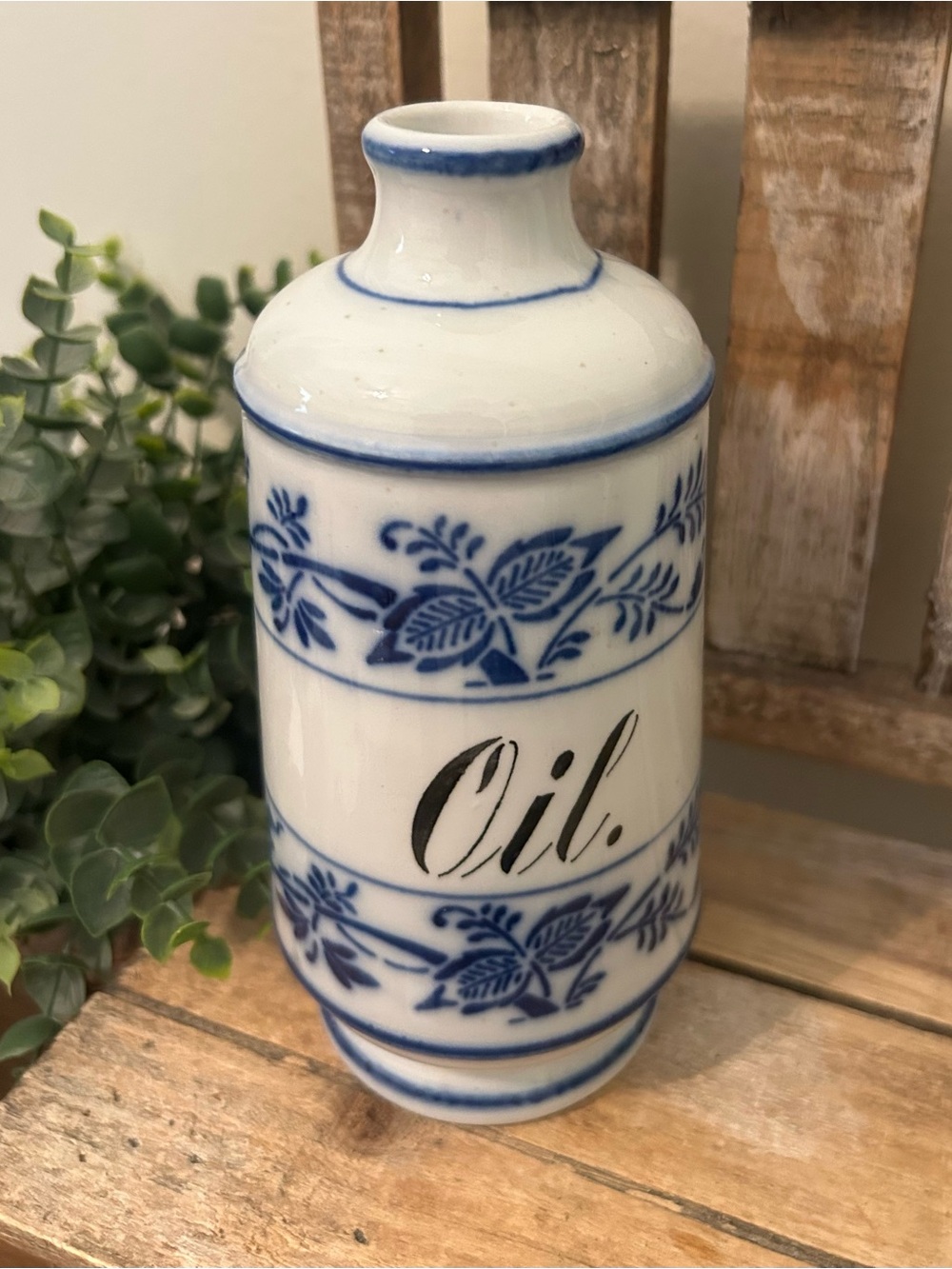 Vintage Blue White Oil Jar Ceramic Apothecary Bottle Marked Germany, Delft Style